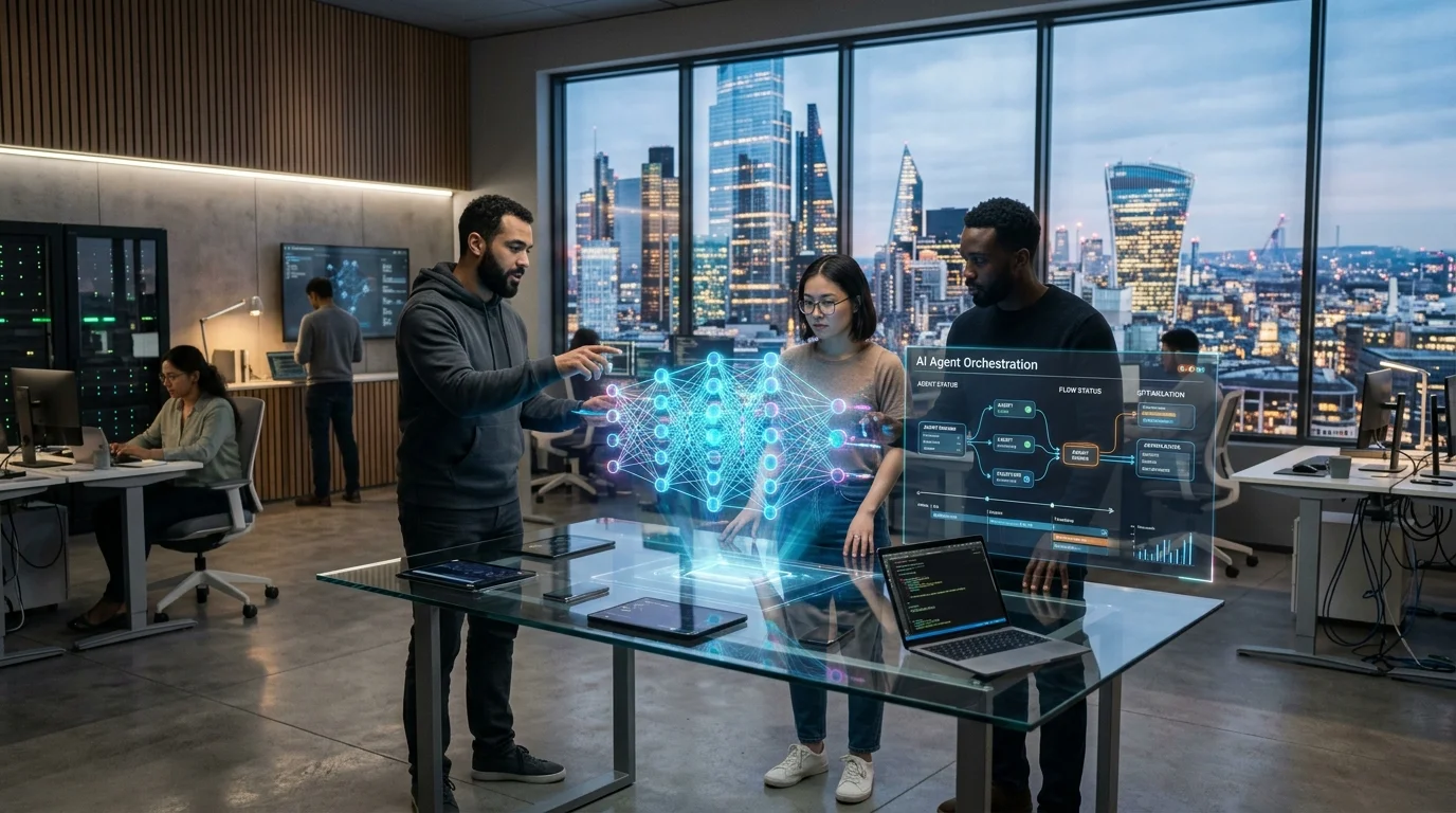 Software engineering team collaborating with holographic AI agent workflows and neural graph visualization in modern tech laboratory