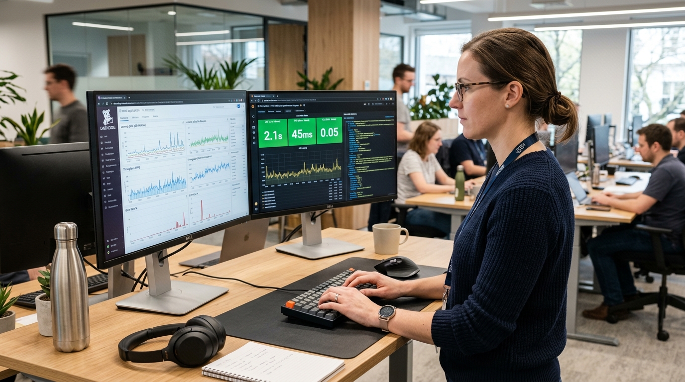 Performance engineer analyzing real-time web telemetry and Core Web Vitals speed scores