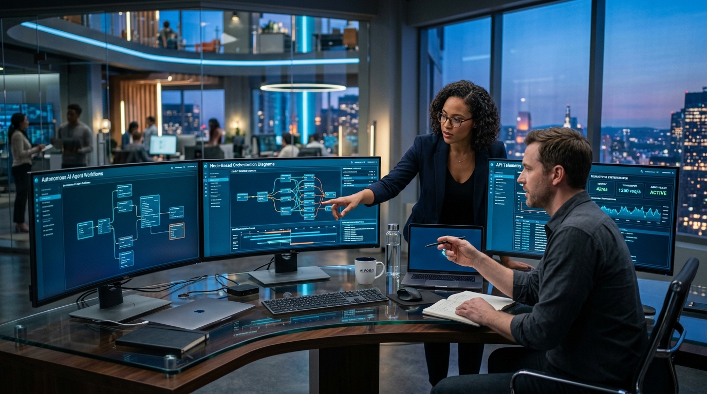 Enterprise software engineers and AI architects analyzing autonomous AI agent orchestration workflows and real-time execution telemetry on curved displays