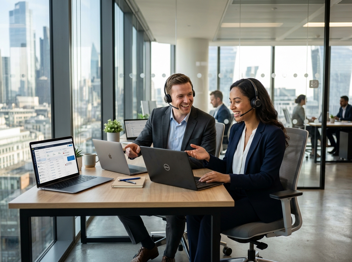 Customer support specialist interacting with conversational AI agent interface resolving customer inquiry