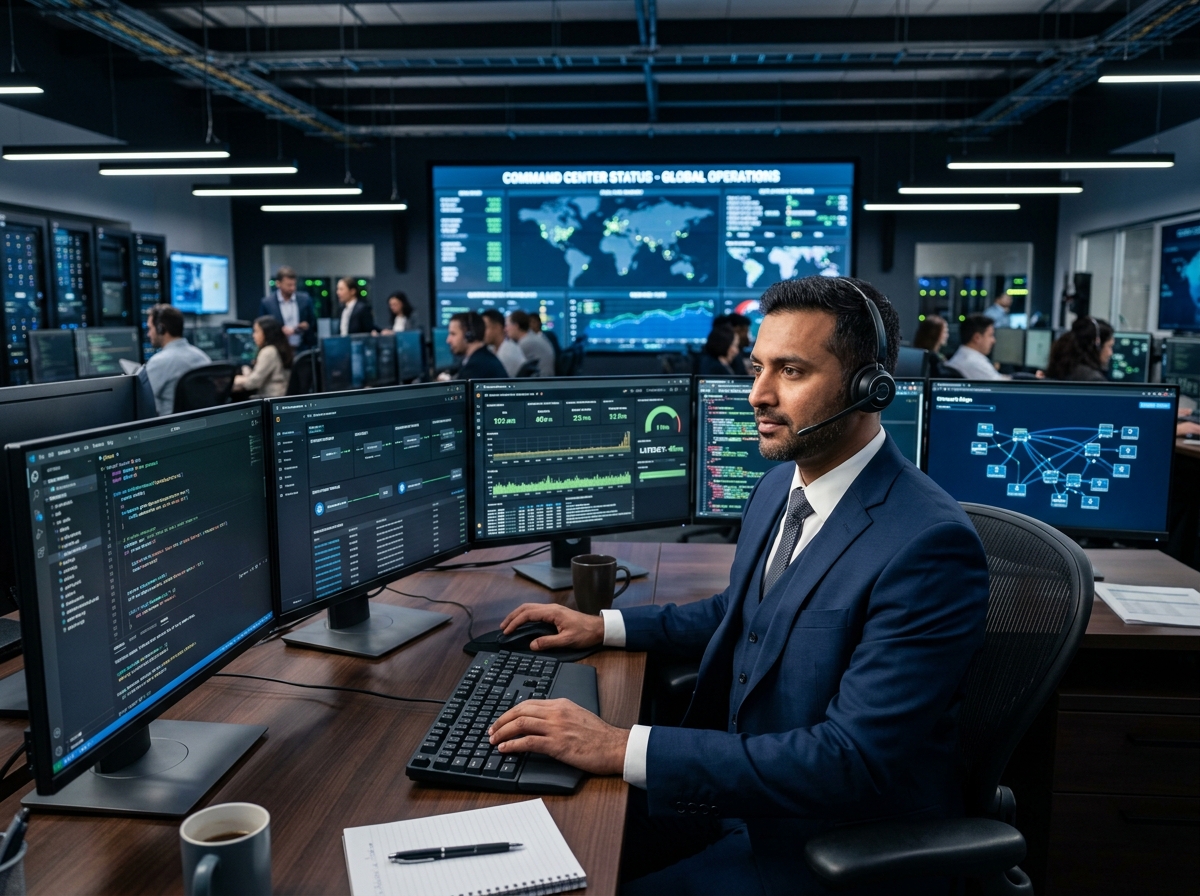 Technical engineers configuring custom AI agent architecture and workflow state machines on high resolution monitors
