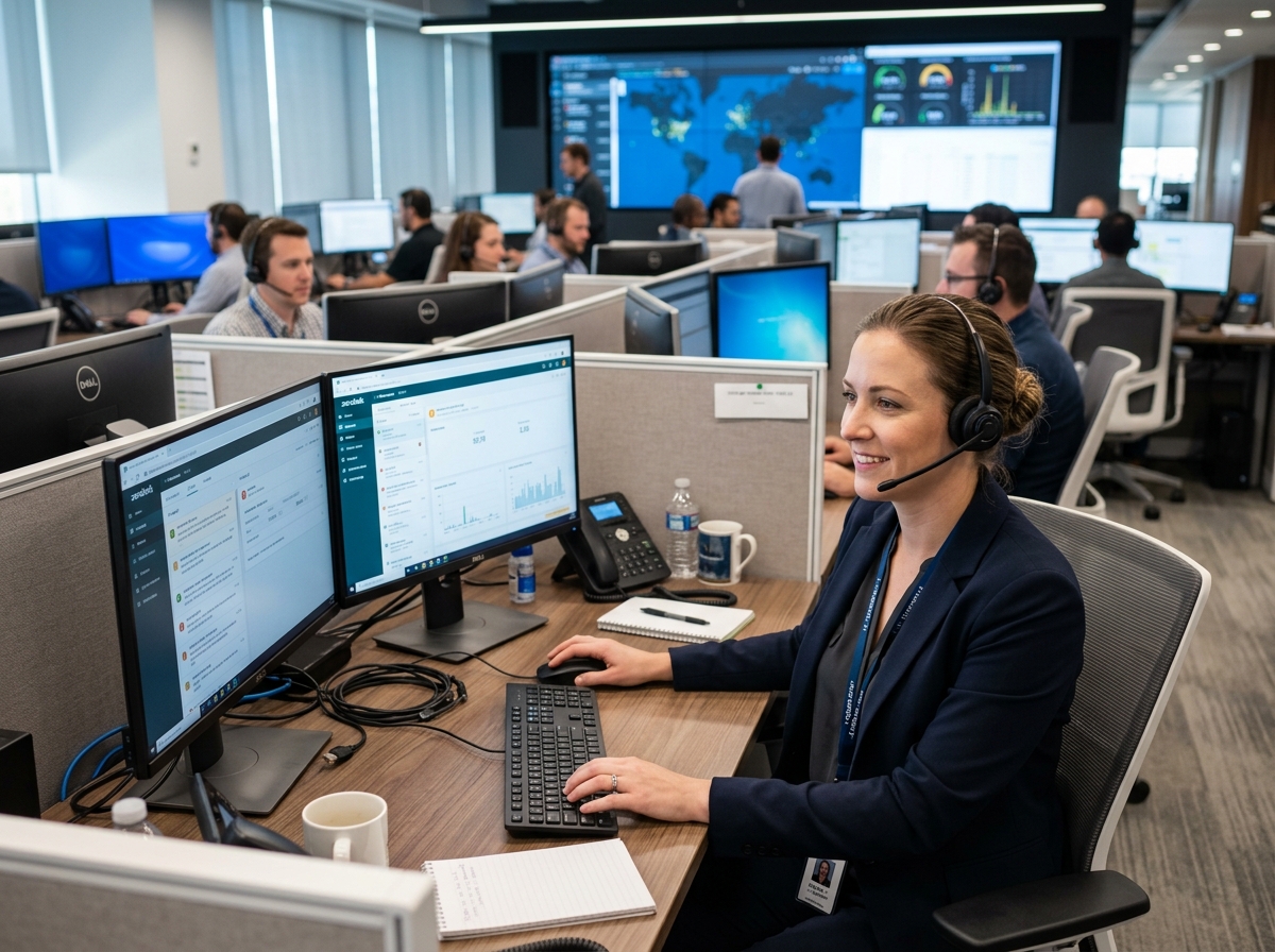Enterprise employee utilizing an internal AI copilot on laptop screen to automate administrative workflow