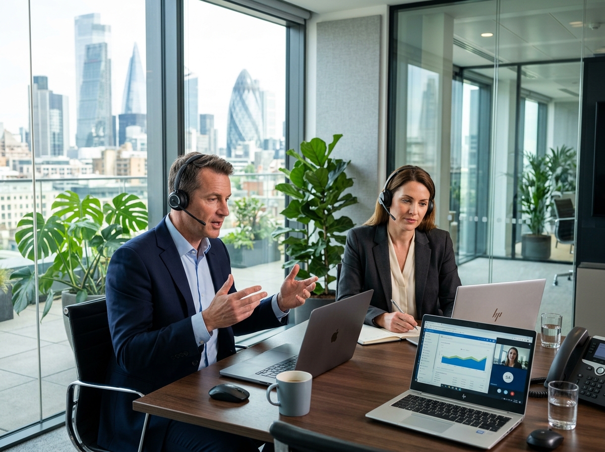 Executive conducting sales calls and appointment scheduling assisted by real-time voice AI agent software