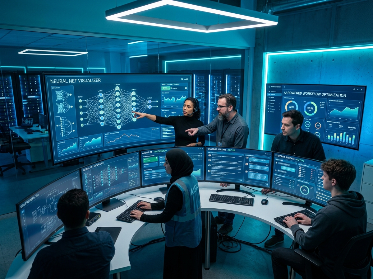 Enterprise operations team orchestrating multi-step autonomous AI agent workflow automation pipeline across connected business software