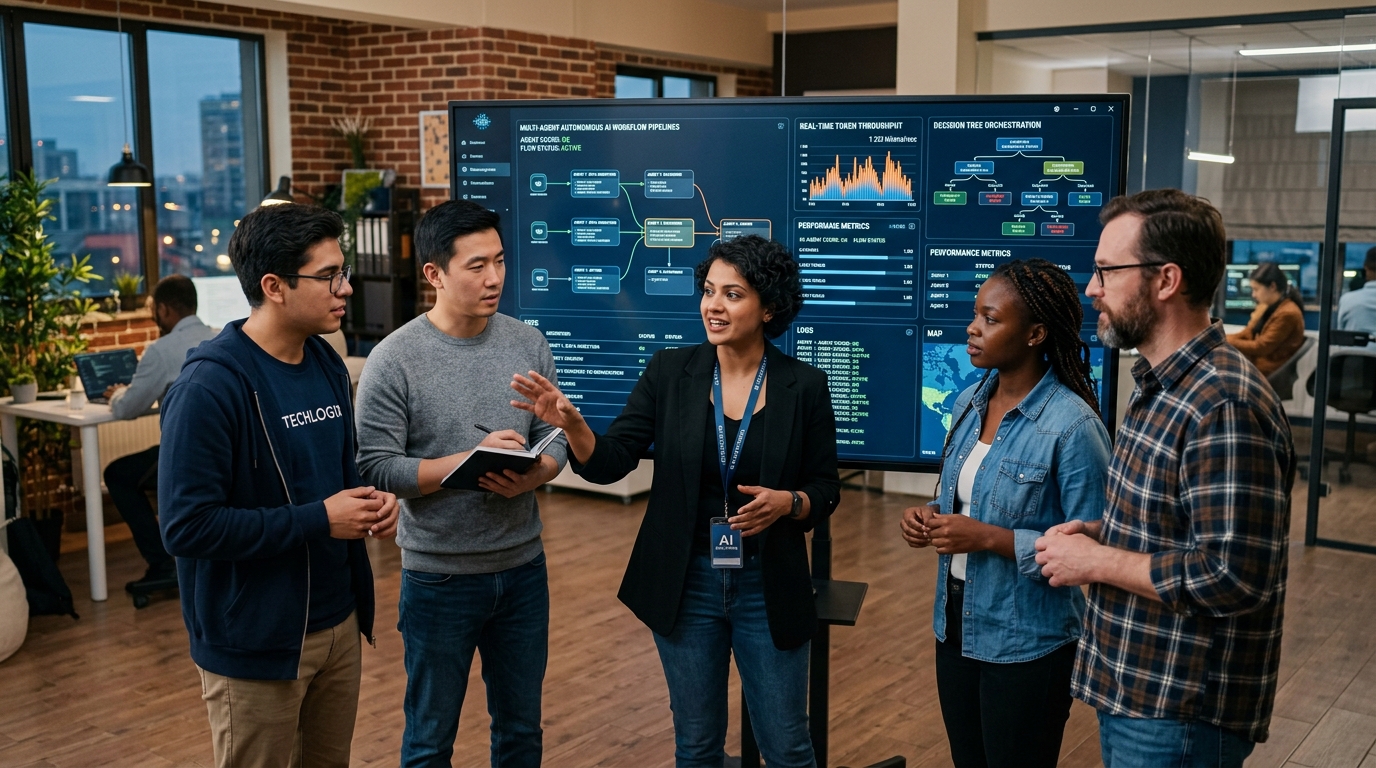 Software engineers and AI consultants reviewing multi-agent autonomous workflow pipelines on mission-control dashboard