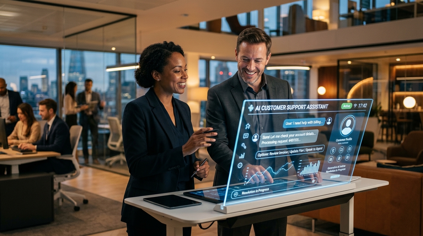 Business executives and customer experience specialist interacting with generative AI customer support interface on interactive touchscreen