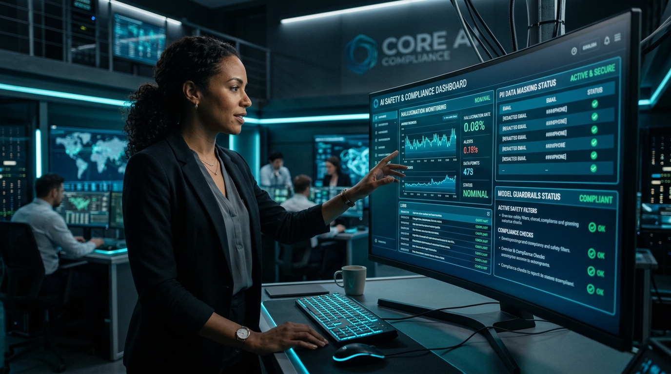 Cybersecurity and AI compliance specialist inspecting AI safety and compliance dashboard with hallucination monitoring