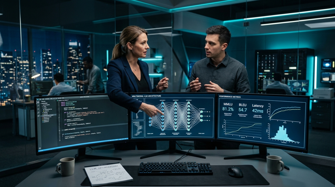 Realistic lead AI architect and software engineer reviewing multimodal generative AI architecture and model performance metrics on curved monitors