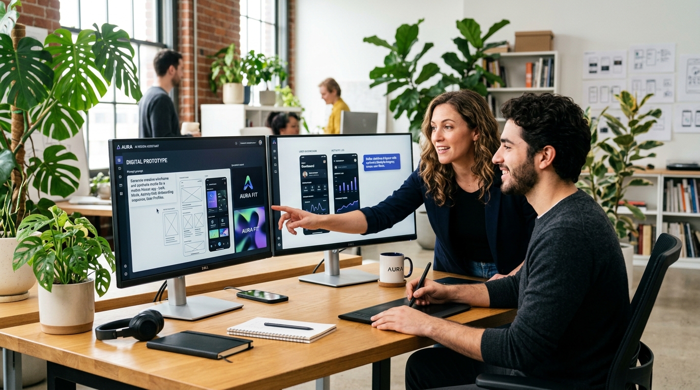 Product manager and UI UX designer collaborating with generative AI design assistant software on dual displays