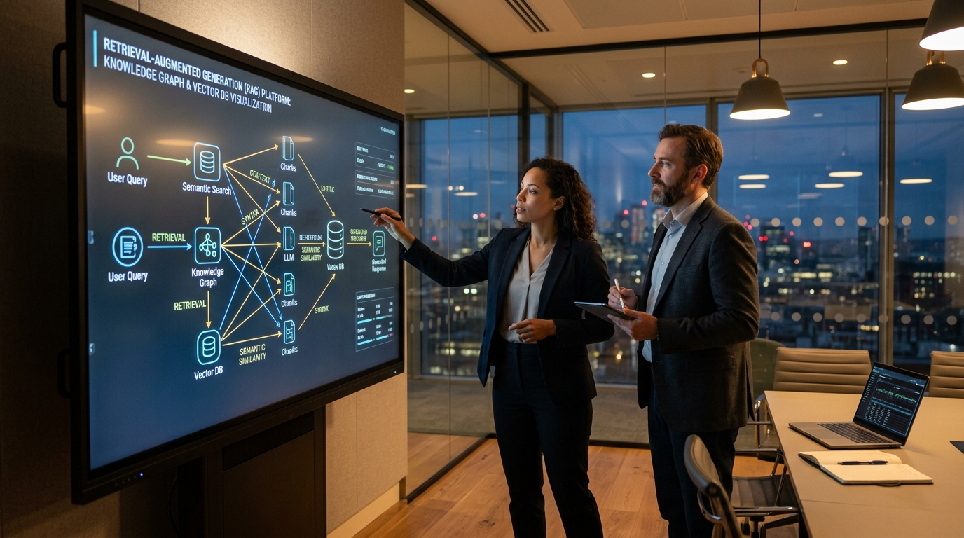 Data scientists analyzing RAG knowledge graph and vector database visualization on studio touchscreen display